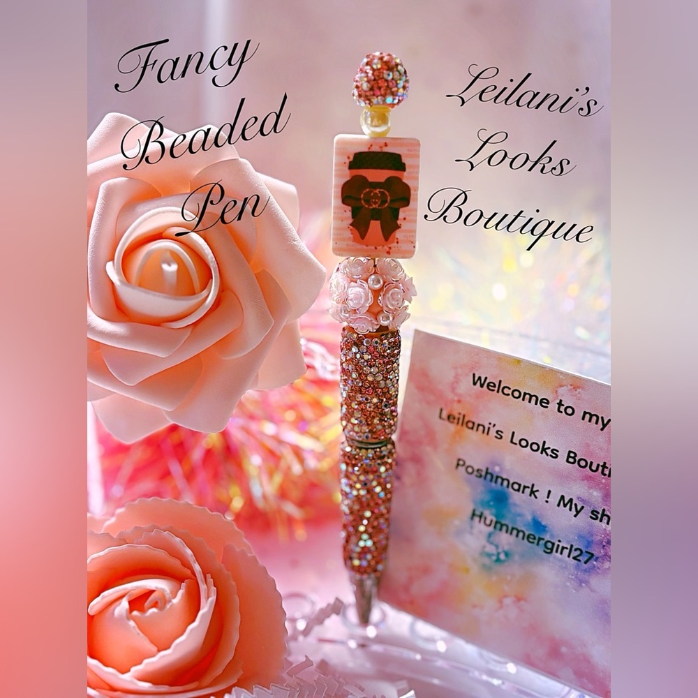 Fancy beaded pen/gifts/pink flower bead/pink tea cup/pearl beads